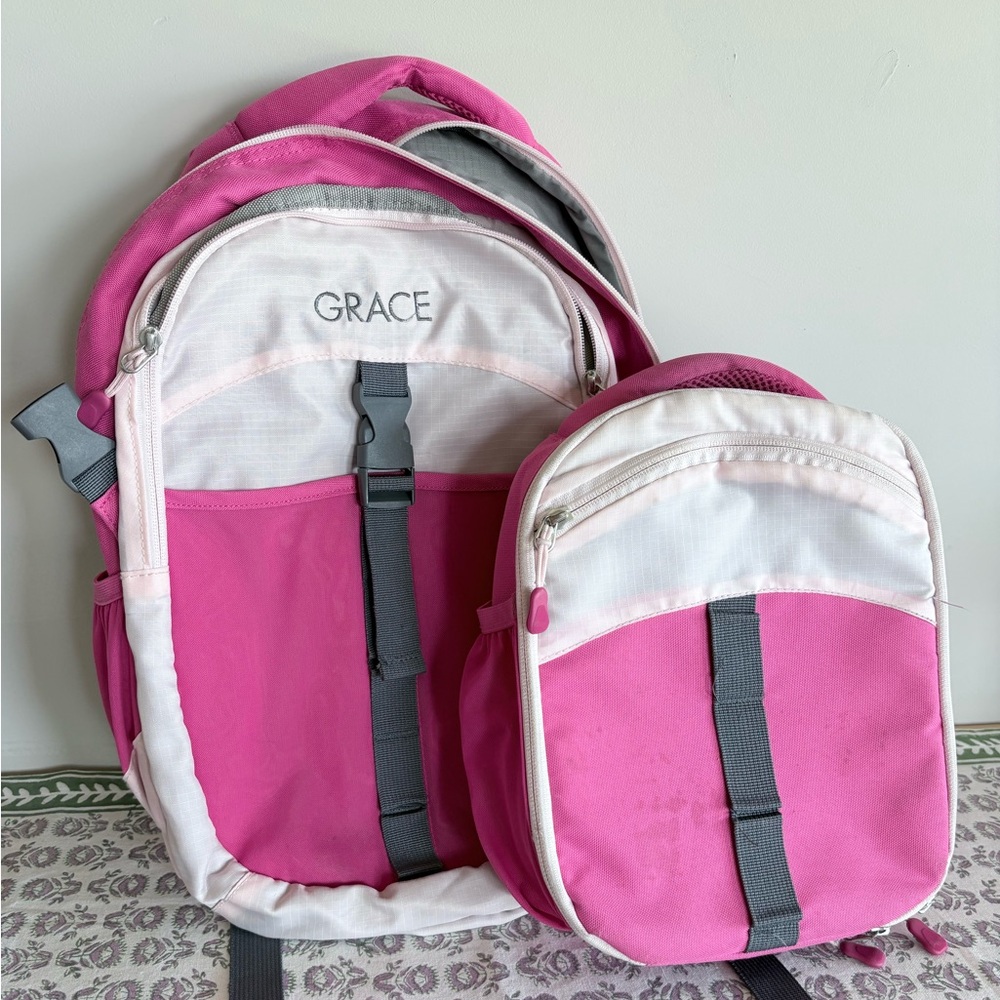 Pottery Barn Kids pink matching backpack and lunchbox